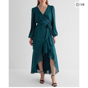 Express silky dark green wrap Dress